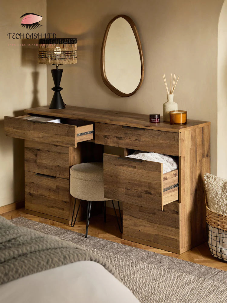 Dark Bronx Oak Effect 6 Drawer Wide Dressing Table
