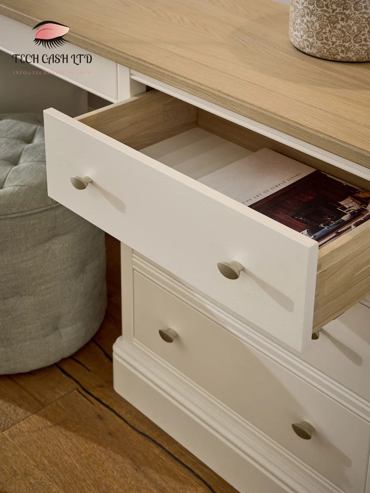 Chalk White Hampton Painted Oak 7 Drawer Console Dressing Table